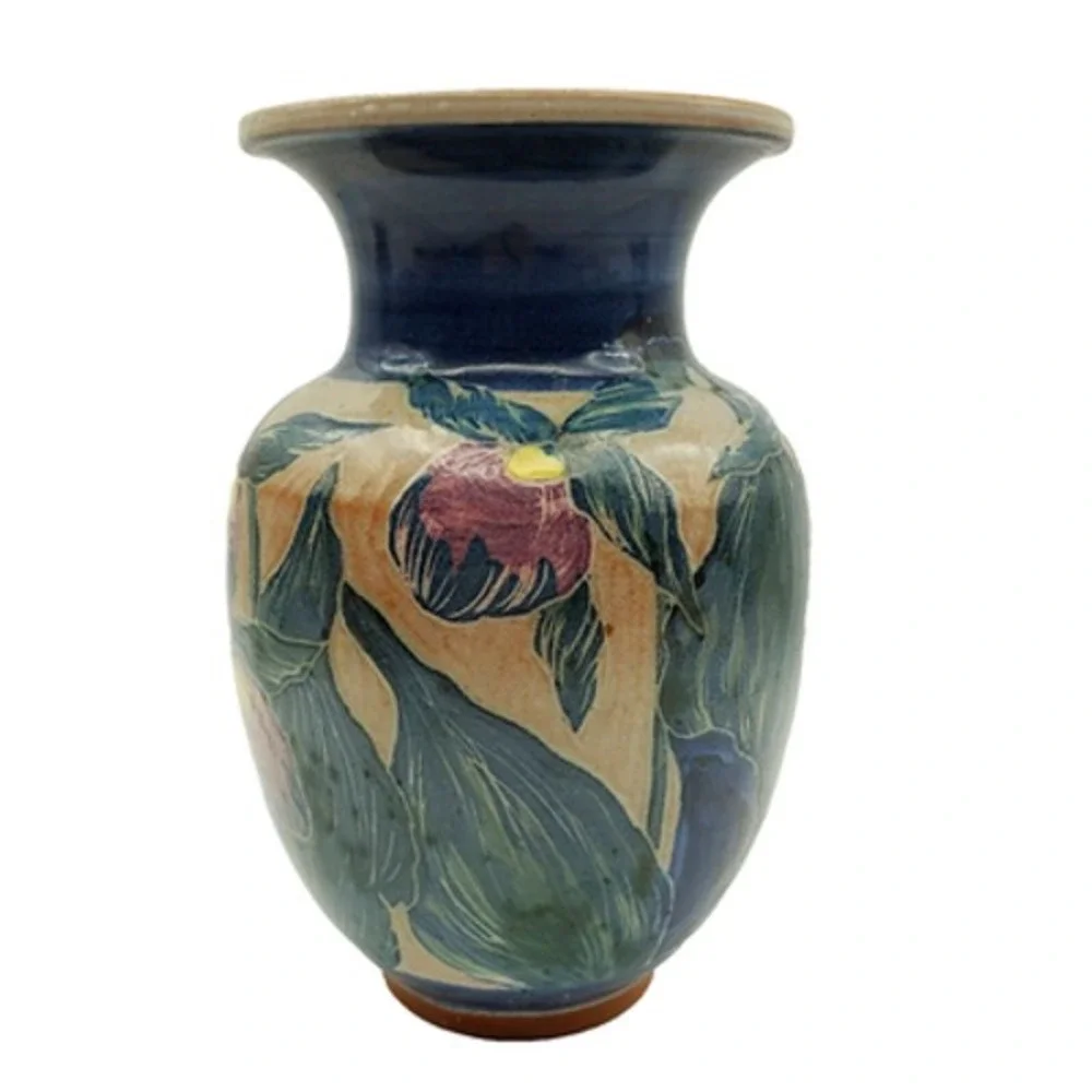 Art Pottery Lady Slipper Flower Vase Signed Ceramic Botanical Orchids Design 90s
